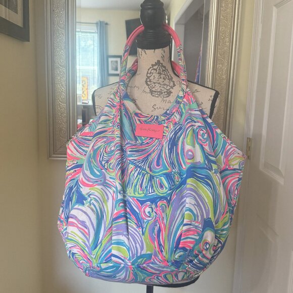 LILLY PULITZER XL Bohemian Beach Bag Pink Blue Guilty Pleasure Pattern NWT - Picture 10 of 16
